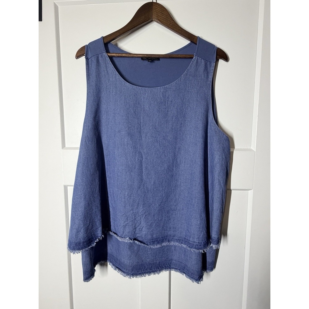 DG2 Diane Gilman Womens 1X Chambray Layered Tank Top Blue Frayed Hem Sleeveless